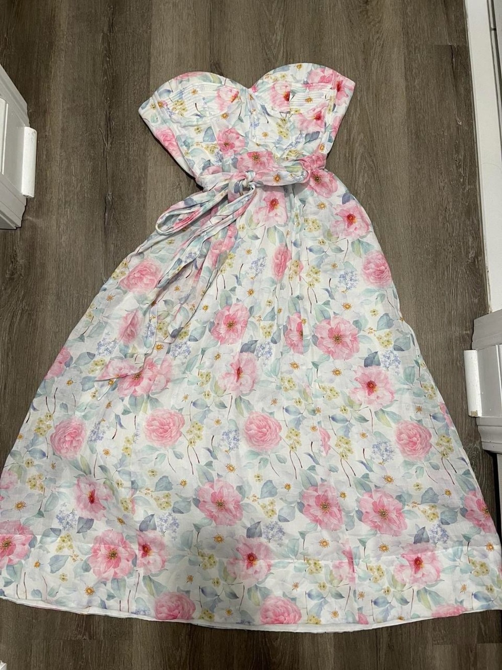Bardot floral strapless midi dress